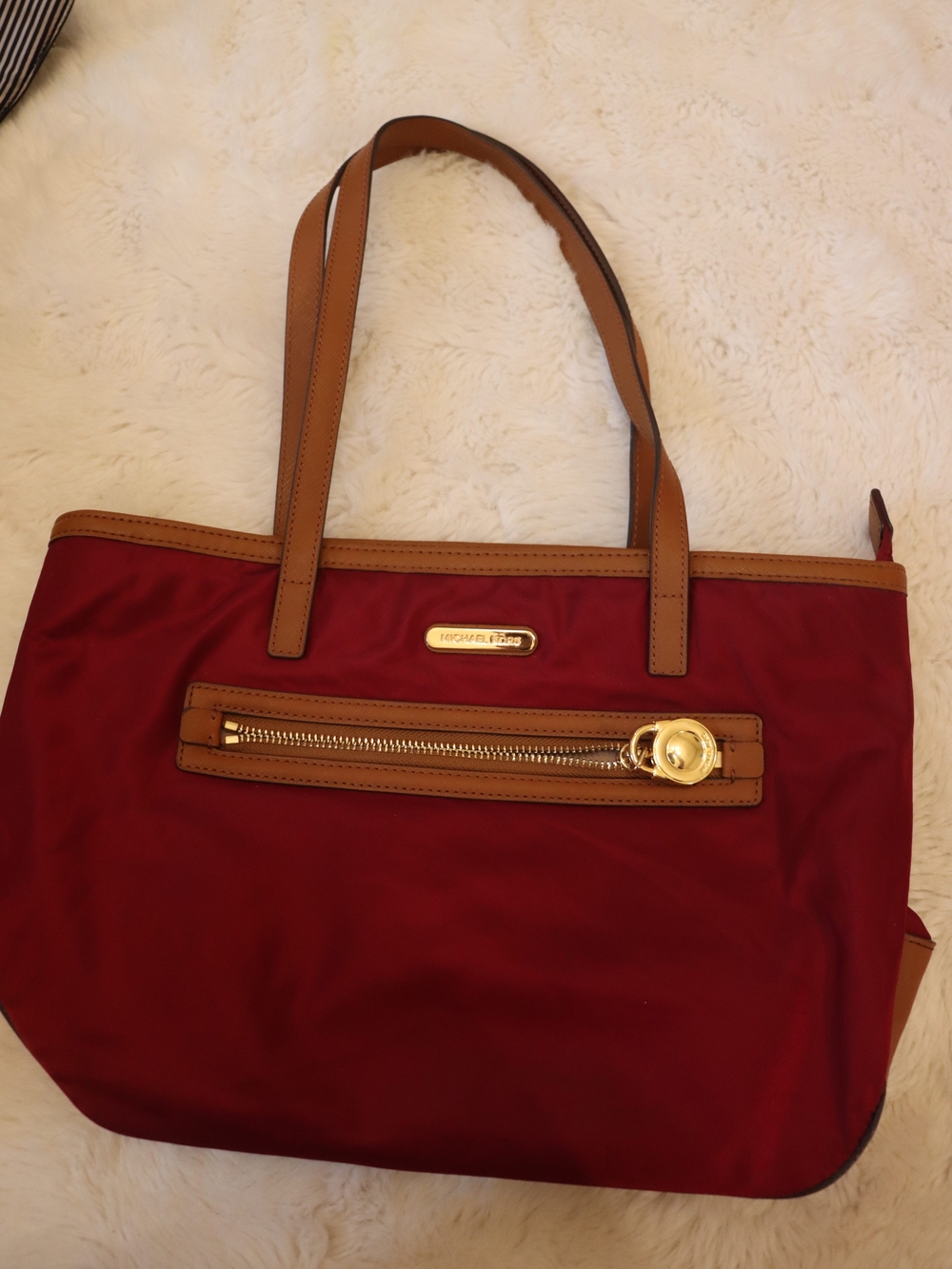 Michael Kors Burgundy Nylon Tote with Brown Trim